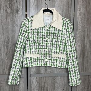 Mango MNG Tweed Blazer Size L Cropped Twiggy Green Cream Black Houndstooth